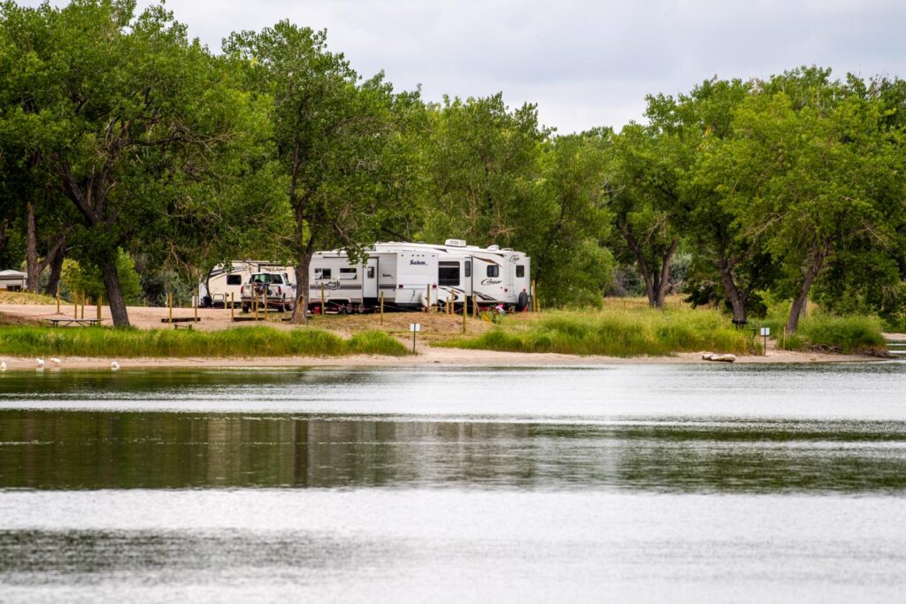 Campers across a lake