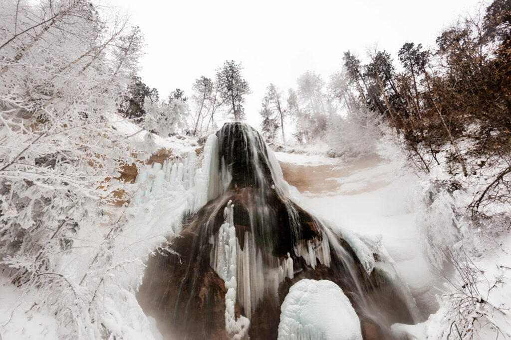 Snow covers trees and Smith Falls water is frozen