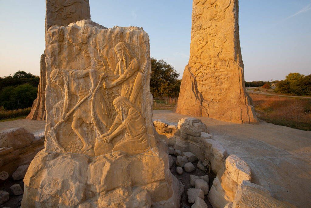 A detail image of the relief carving in the Towers in Time at Ponca State Park