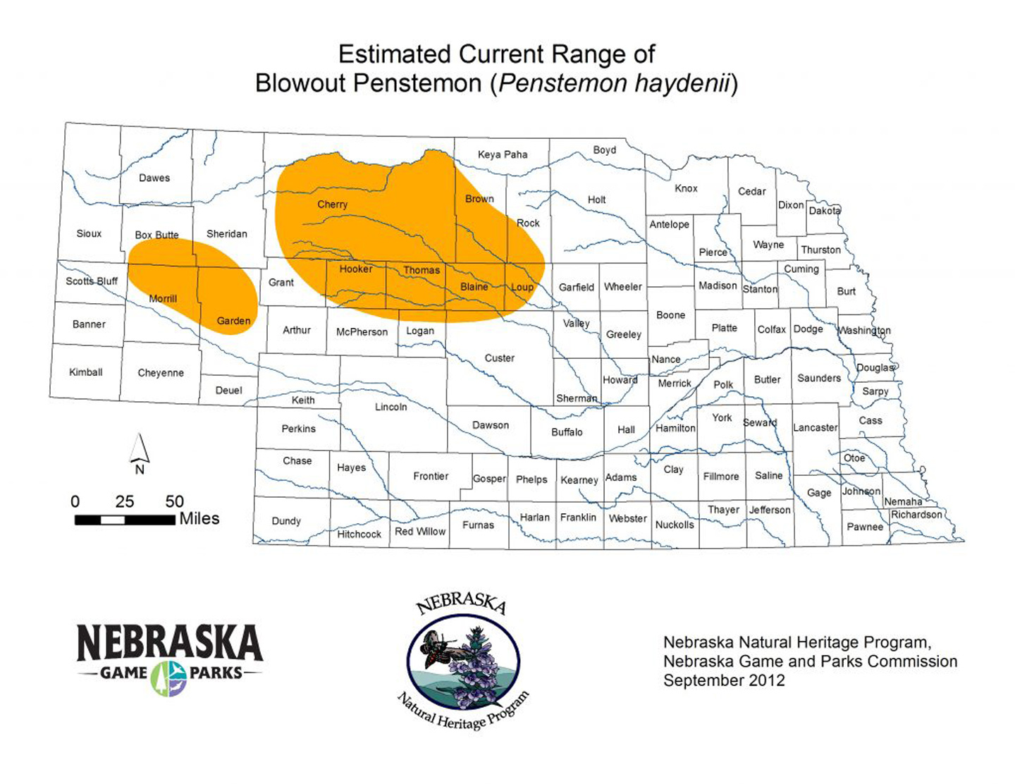 A map showing the range of the blowout penstemon.