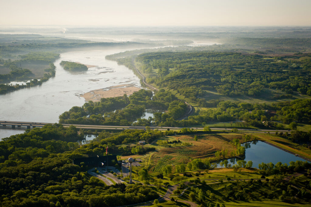 View of river and Mahoney State Park from airplane.