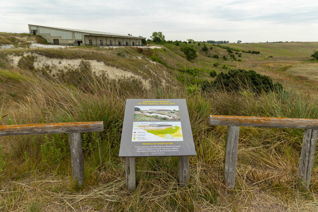 View of the Hubbard Rhino Barn from the geology walking trail at Ashfall Fossil Beds State Historical Park (SHP). Nguyen-Wheatley, Aug. 14, 2022. Copyright NEBRASKAland Magazine, Nebraska Game and Parks Commission.