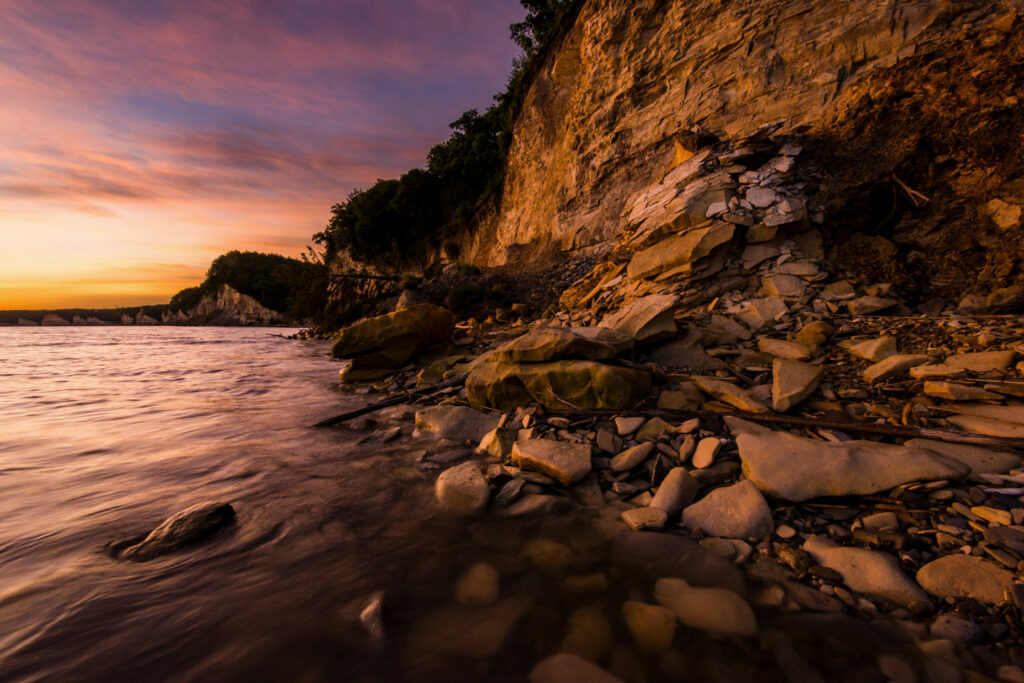 Lewis and Clark Lake State Recreation Area (SRA) in Knox County. Sunrise. Shale and chalk cliffs. Fowler, June 14, 2019. Copyright NEBRASKAland Magazine, Nebraska Game and Parks Commission.