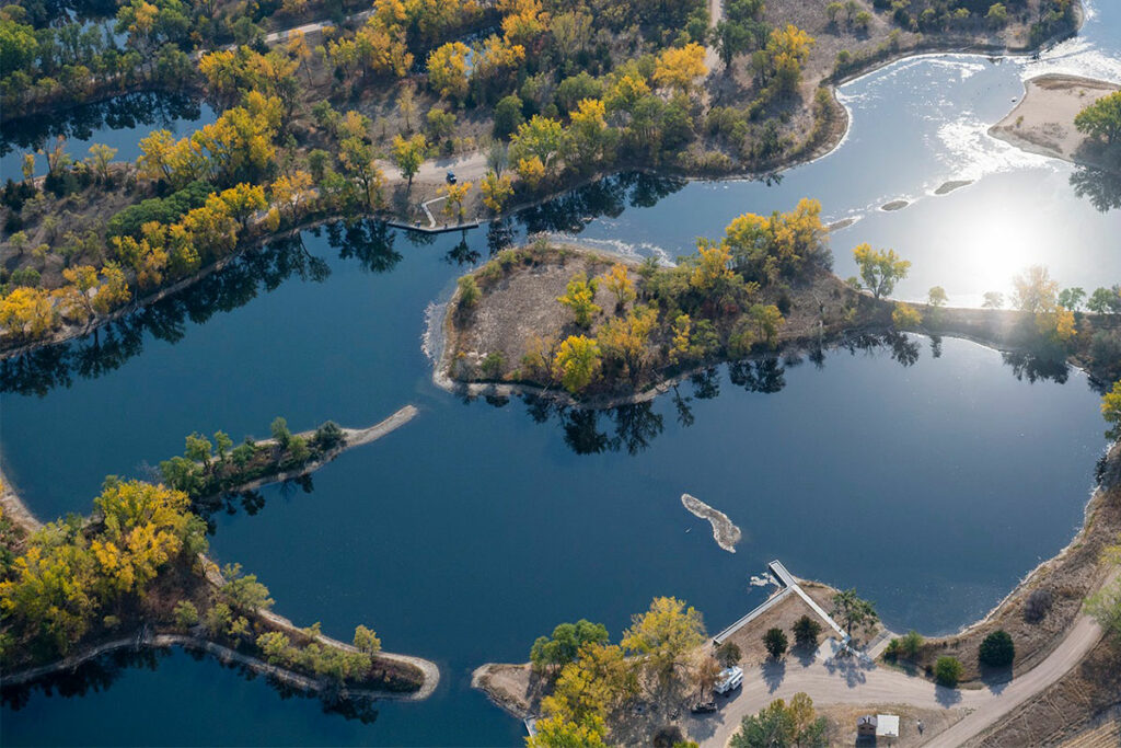 Aerial view of Sandy Channel State Recreation Area in Nebraska.